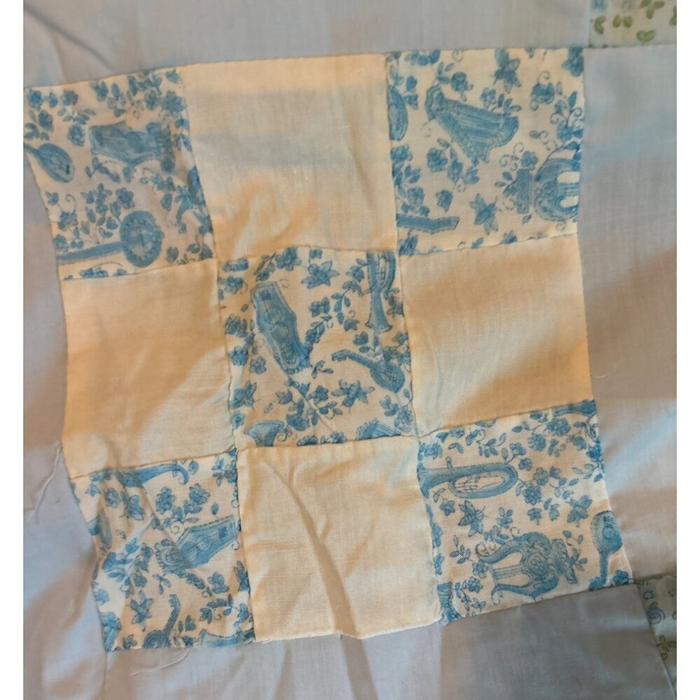 VTG Quilt Top Paisley Butterfly Floral Harp Pattern 60" x 60" Blue Hand Stitch